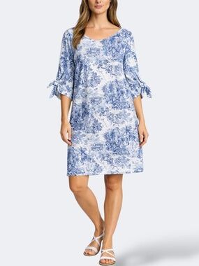 H&M Jungle Toile Linen Blend Shift Dress Tie Sleeves Popover Style US Sz 14 NWT